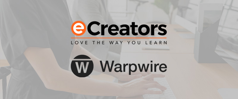 Background of hands typing with eCreators and Warpwire video platform logos on top