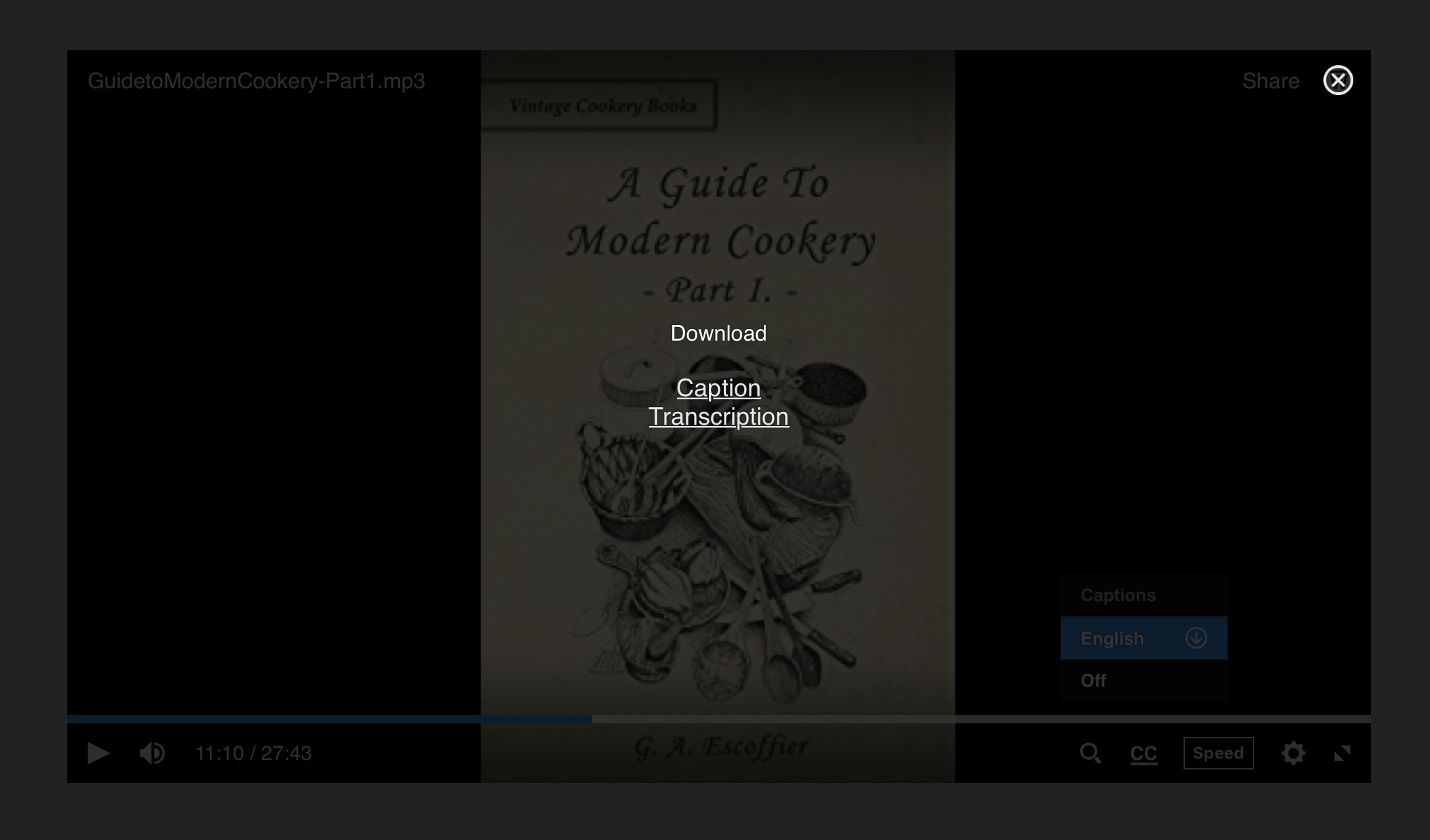 Audio player overlay displaying caption and transcript download links