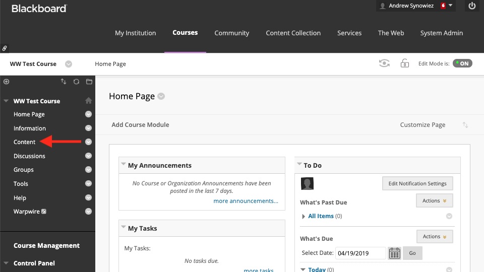 'Content' link in left-side navigation of Blackboard Home Page