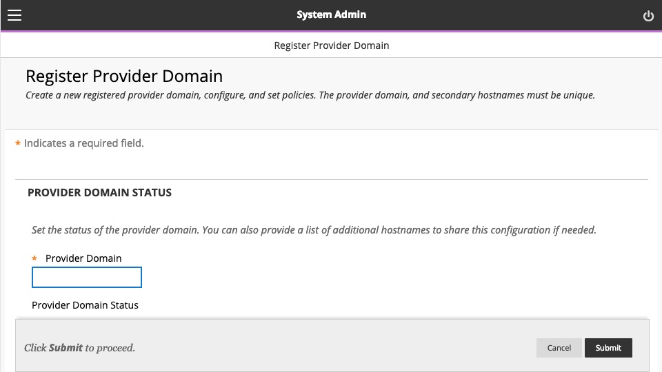 Blackboard form to register new Provider Domain