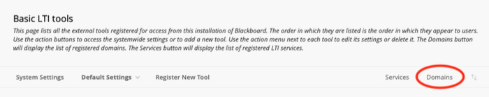 Domains link within Blackboard LTI tool page