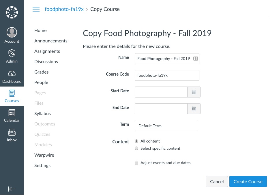 Copy Course page with page details to be filled out