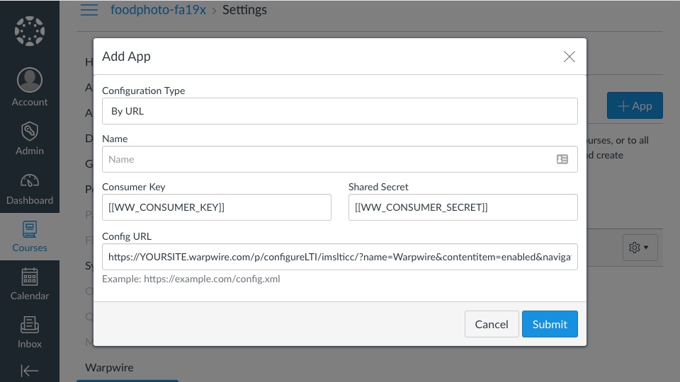 Closeup on Key, Secret, and URL input fields