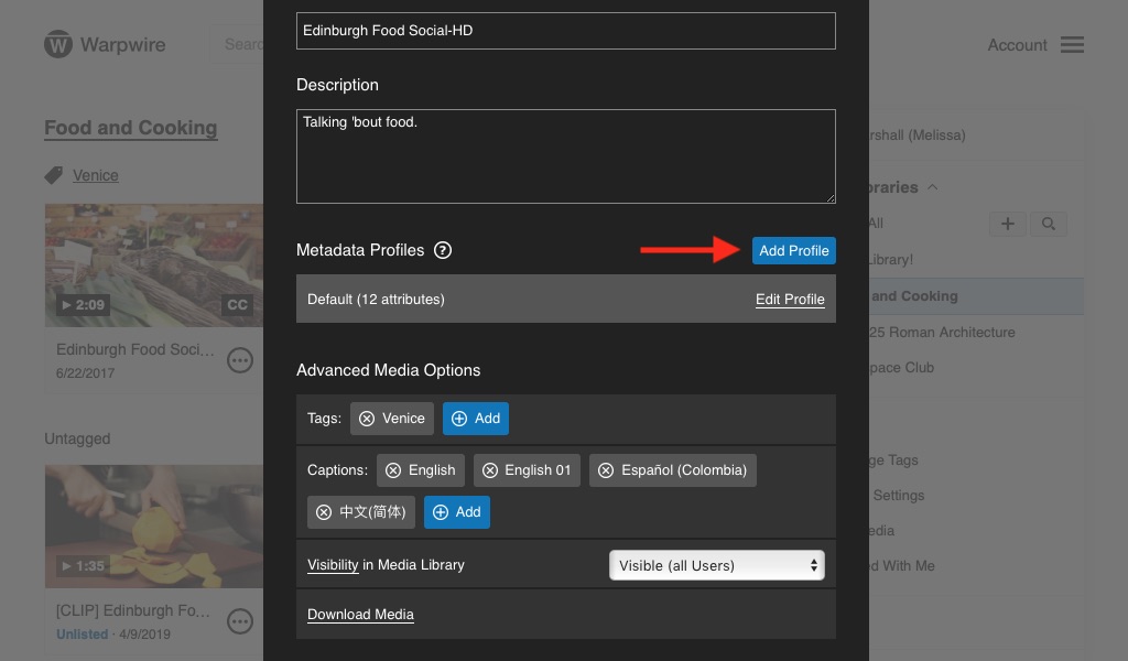 Media options pane allowing user to add a new Metadata Profile