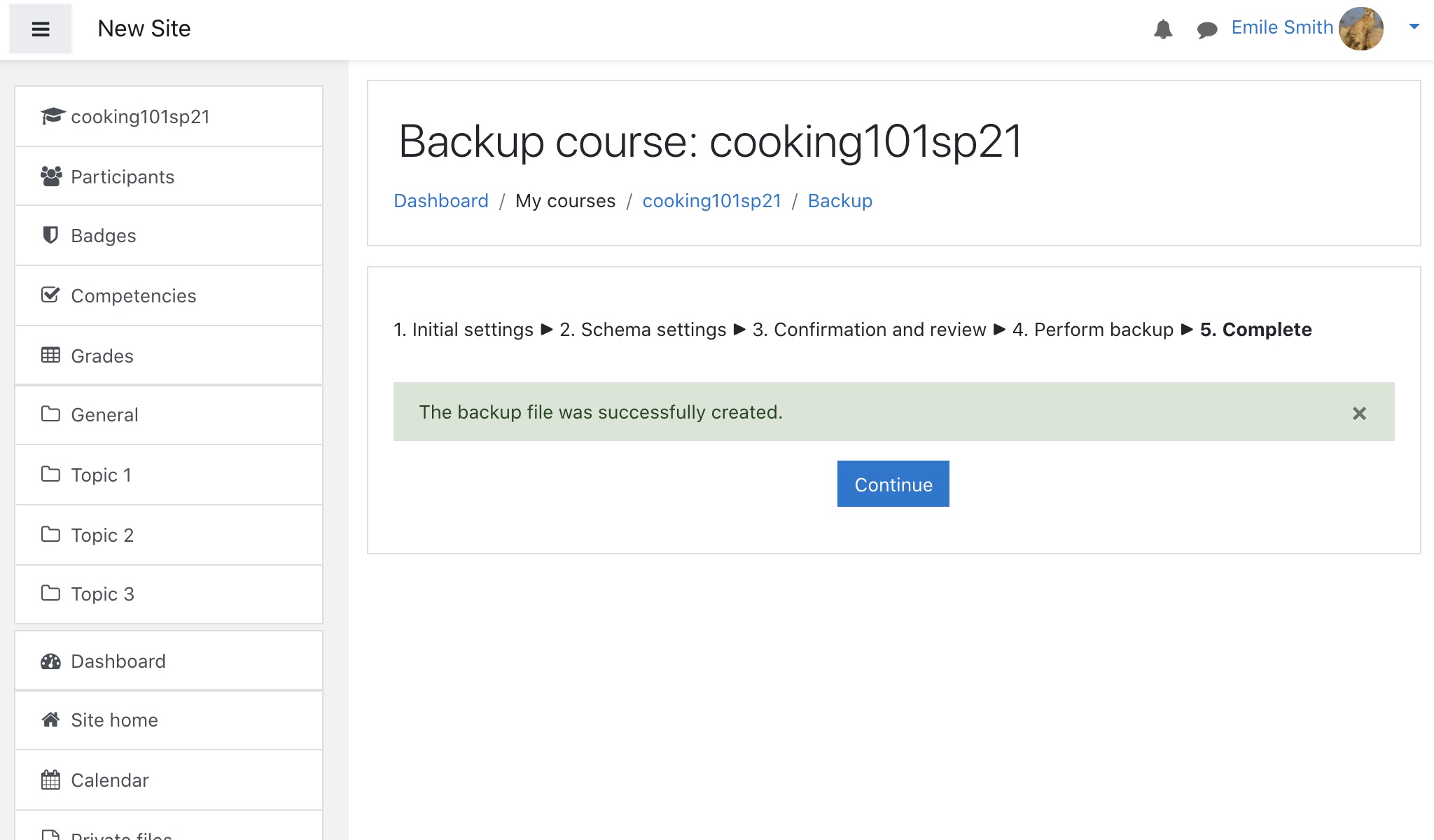 Moodle course backup page: backup complete