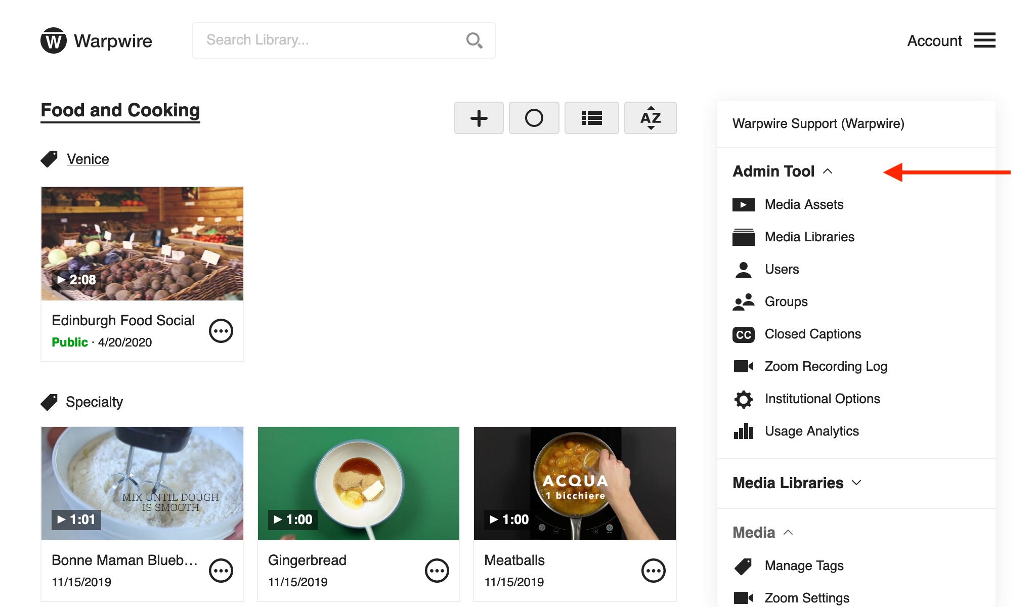 dropdown menu showing 'admin tool' link within the Warpwire media library