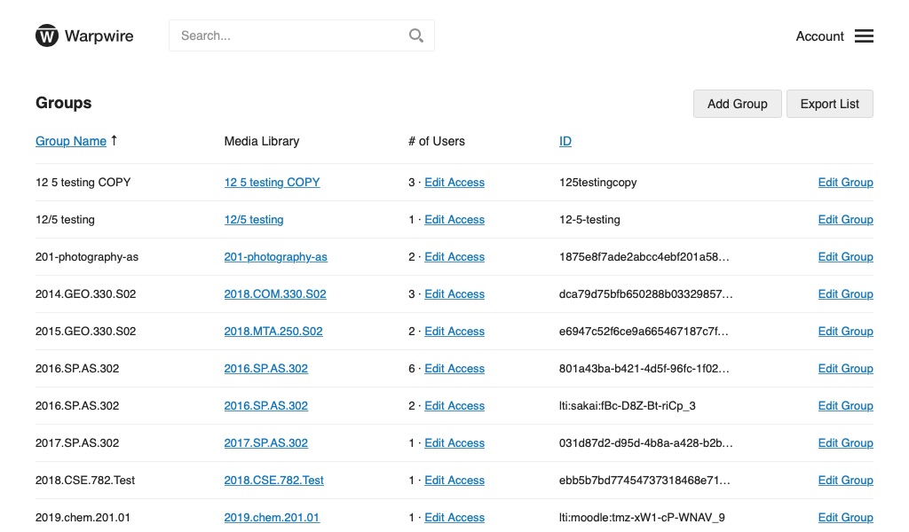 Admin tool within the Warpwire video platform showing list of groups