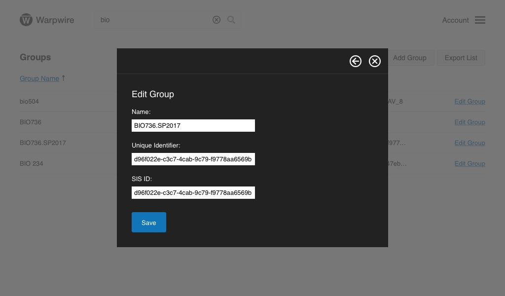panel within the Warpwire video platform showing completed user inputs for group creation