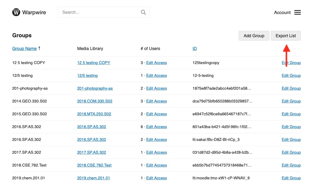 export button in upper-right of the admin tool of within the Warpwire video platform