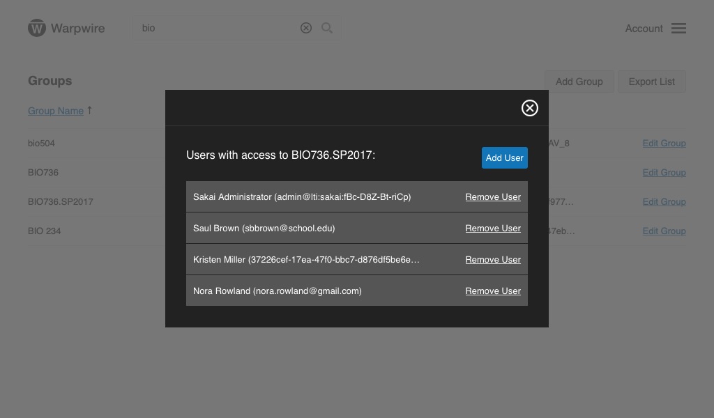 panel within the Warpwire video platform showing list of users in History group