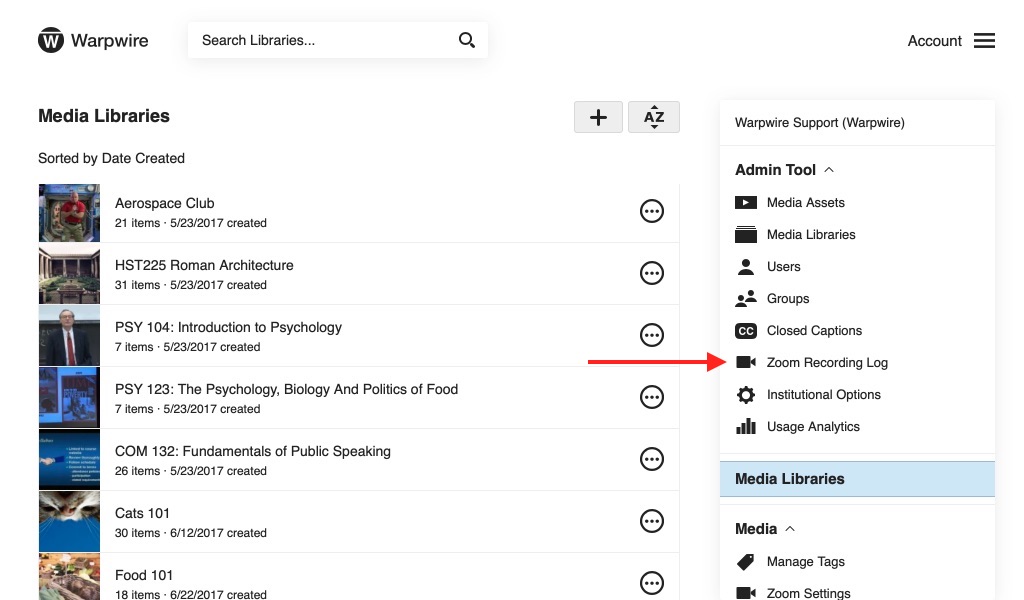 Admin Tool open with red arrow pointing to Zoom Recording Log.