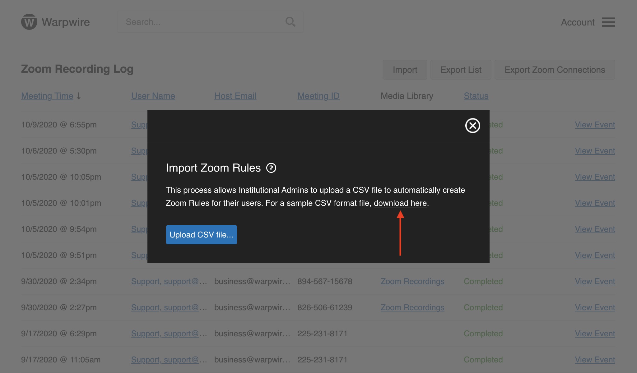 CSV sample file for importing Zoom rules.