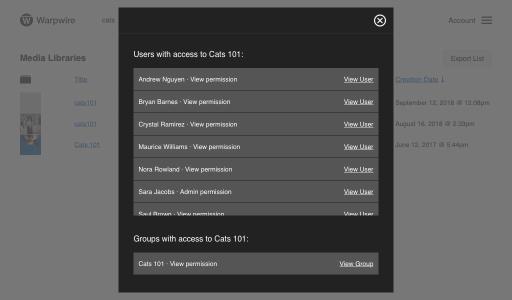 admin tool panel showing list of users with access to 'Cats 101' library within the Warpwire media library