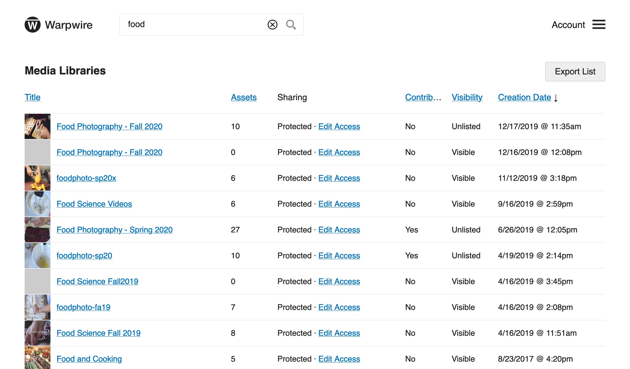 admin tool listing search results of Warpwire media libraries with 'cat' in the name