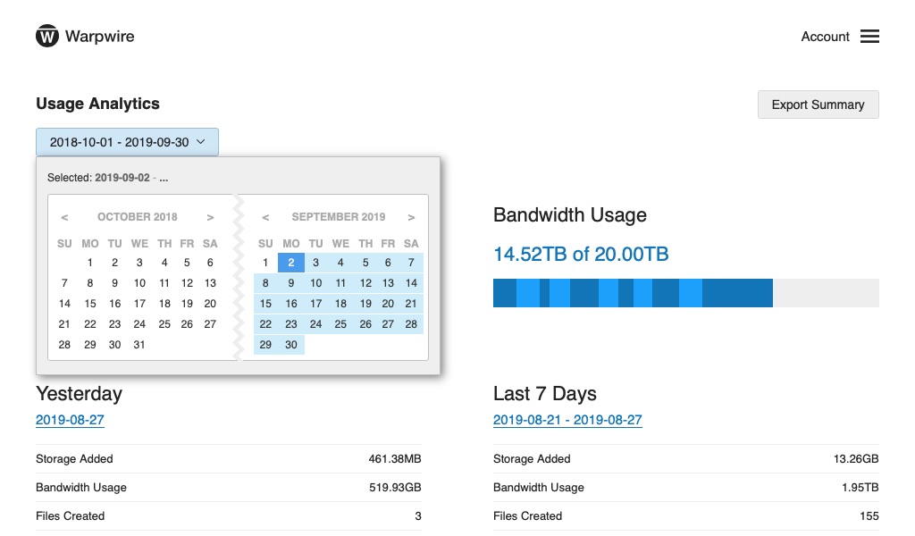 calendar format date picker interface within the Warpwire video platform