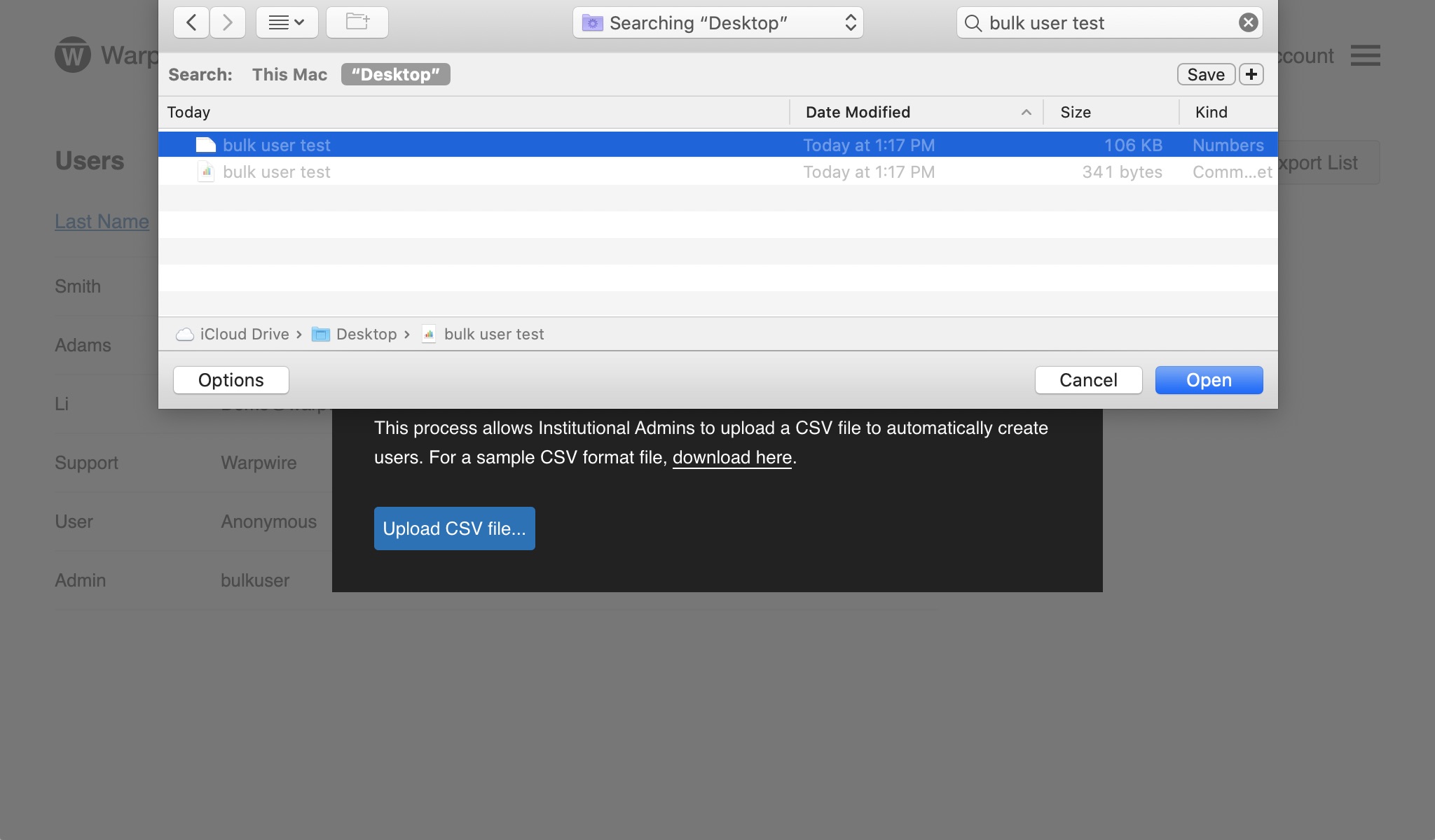 Chose CSV file to import bulk users