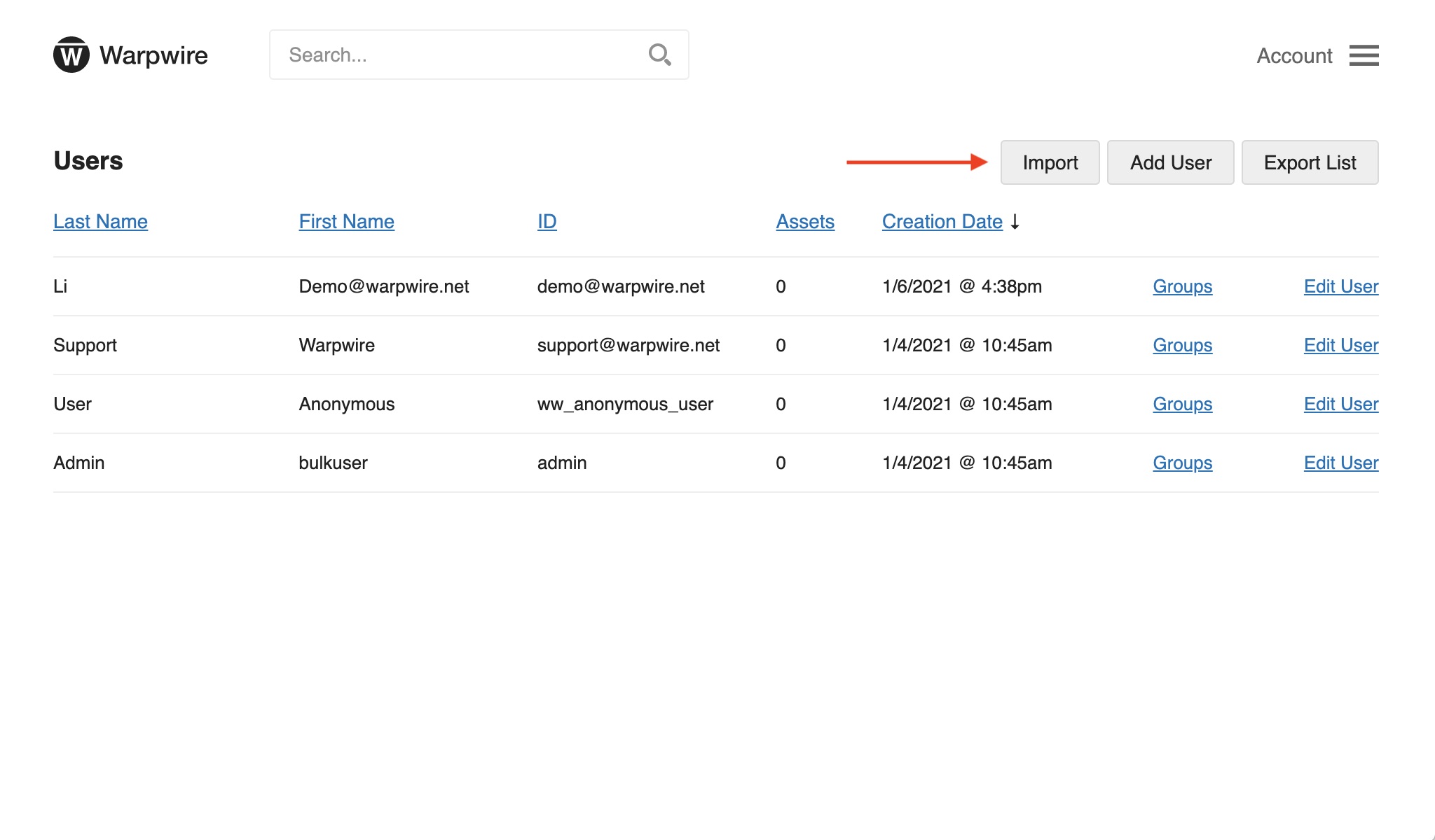 Panel showing red arrow to Import button within the Admin Tool