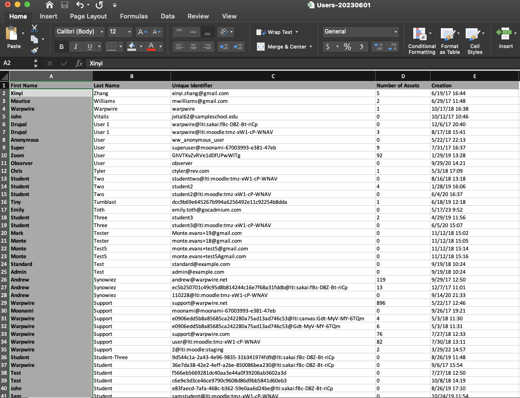 spreadsheet showing information about all users who use Warpwire