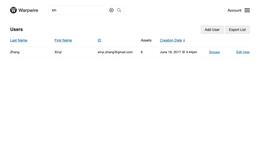admin tool search results for user Xinyi Zhang within the Warpwire media platform