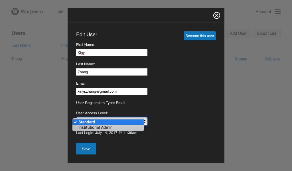 panel showing editable user input fields for a user within the Warpwire platform