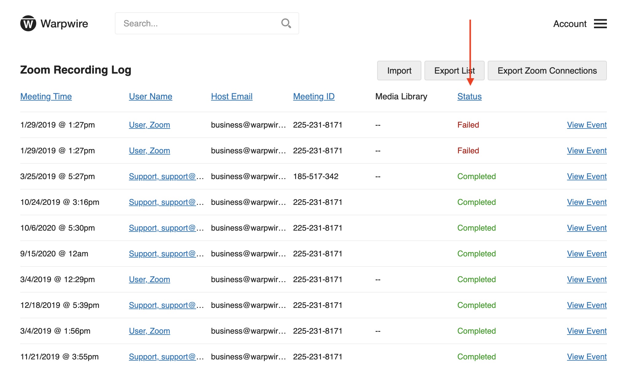 View the status of an event within the Zoom Recording Log