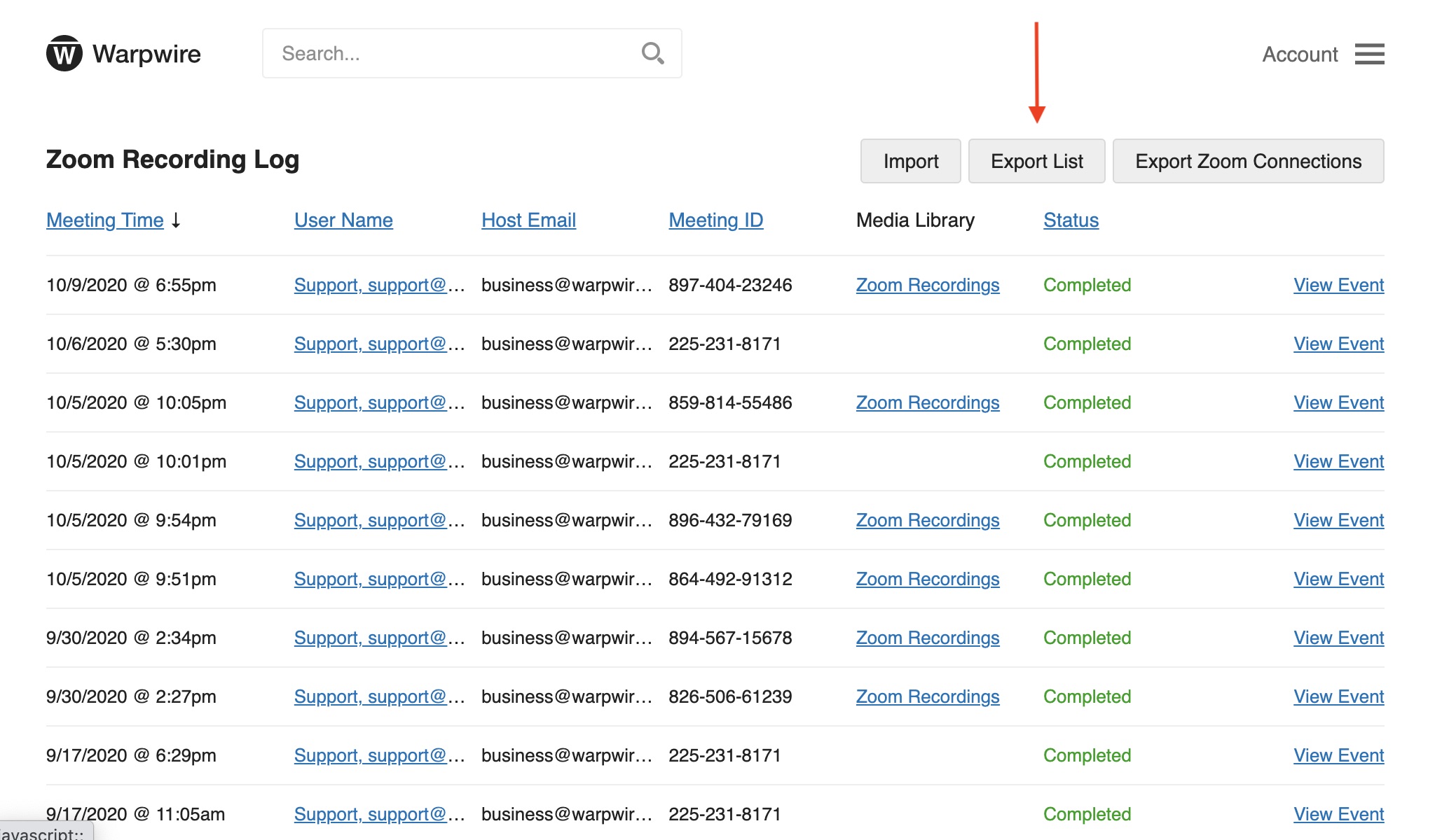 Export button in upper-right of Zoom Recording Log page