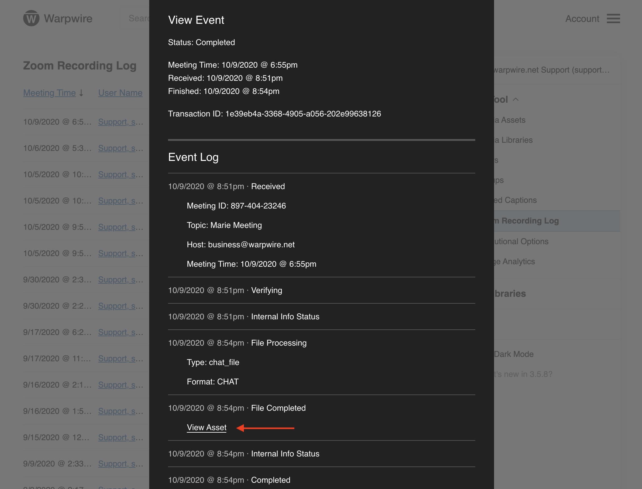 View a Zoom event as an asset within the Warpwire Media Library