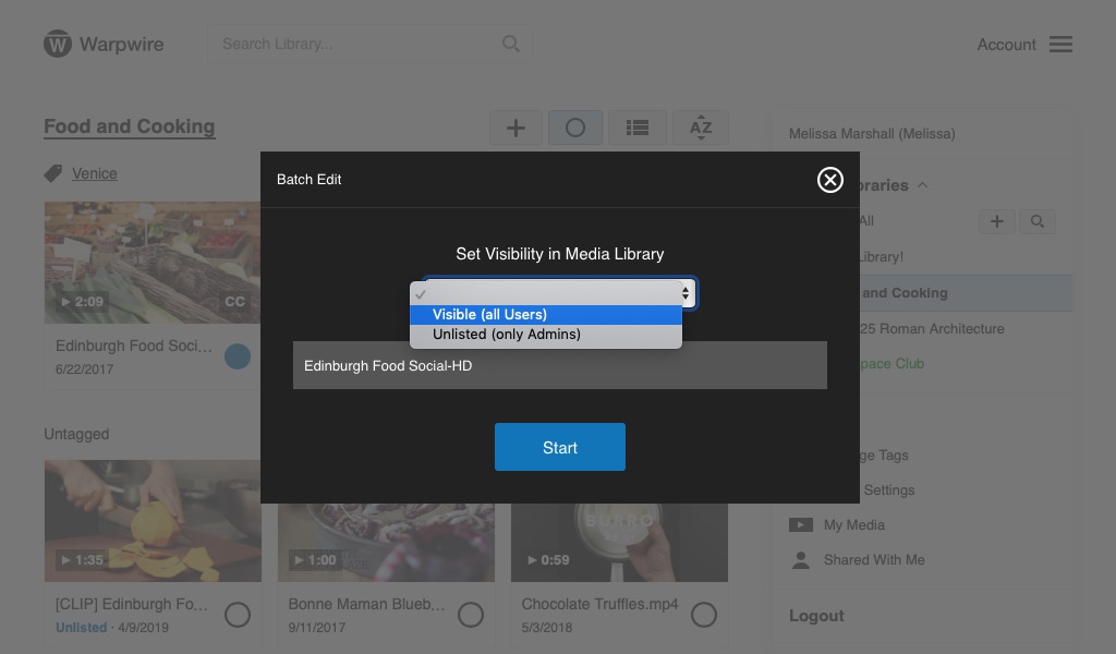 'Batch Edit' panel featuring dropdown menu to set visibiility in the Warpwire media library