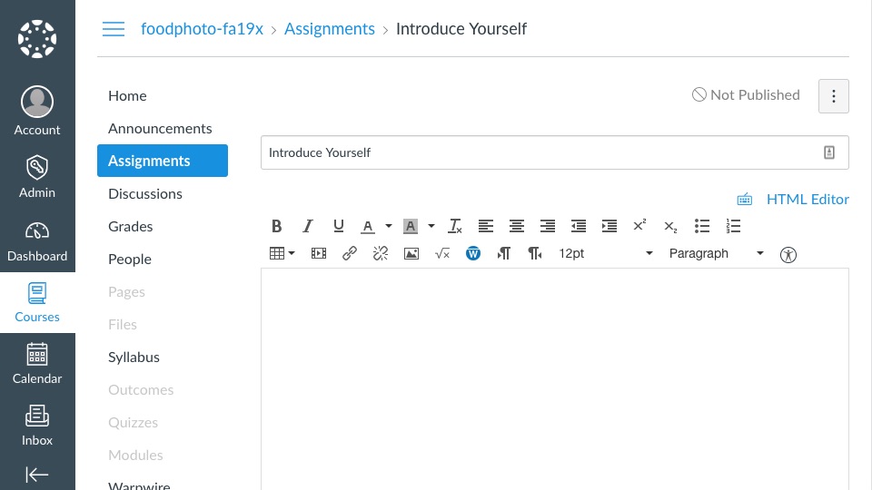 Assignment page, rich text editor