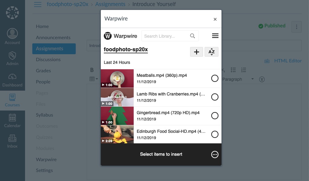 Warpwire Media Library popup with list of uploaded videos
