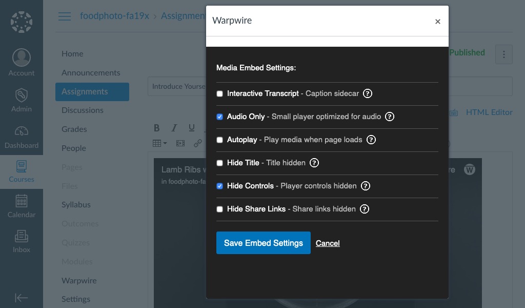 Media Embed Settings options within the Canvas text editor