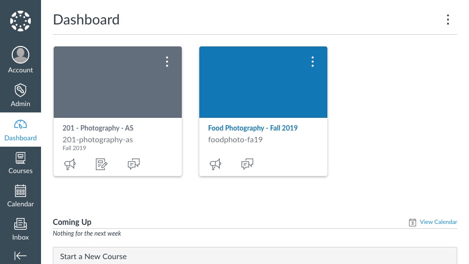 Canvas dashboard showing list of courses
