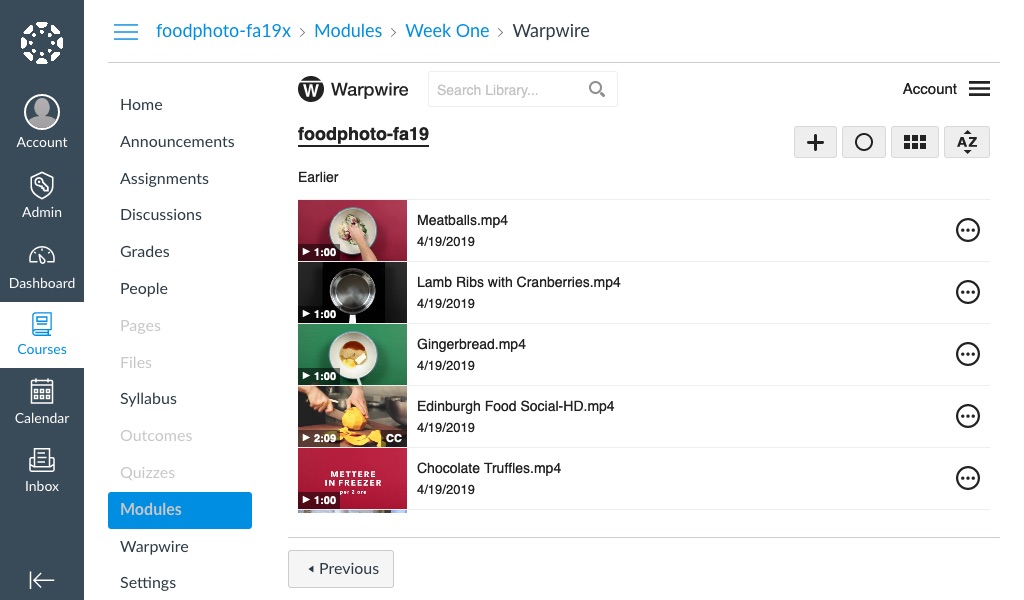 Warpwire Media Library within Canvas course
