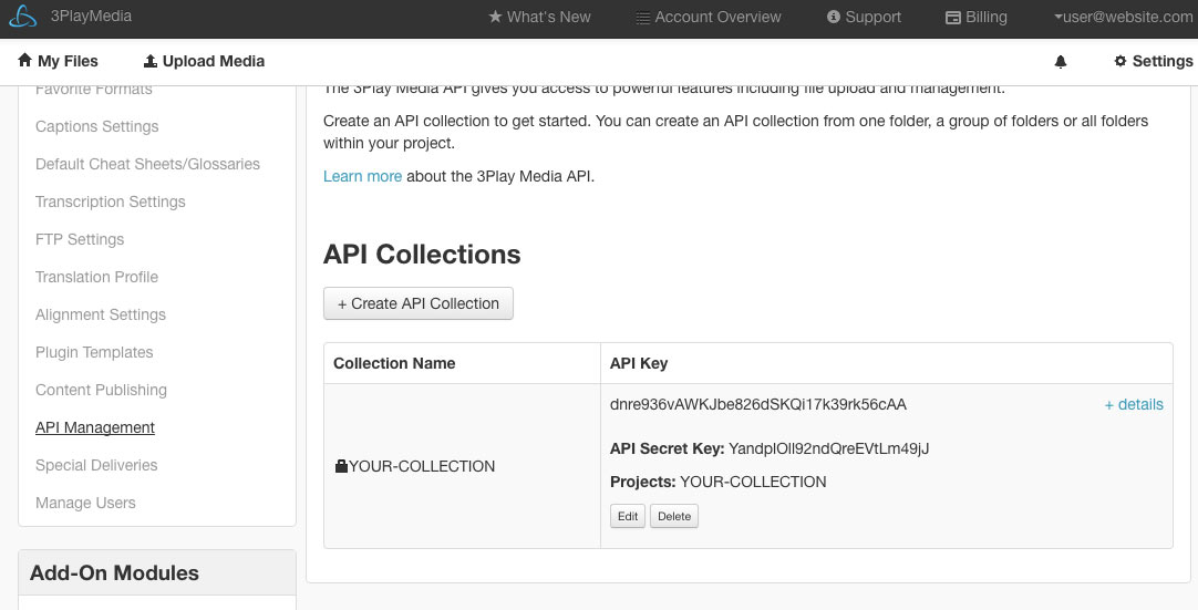 The API Collections sections of the settings page on the 3Play Media website