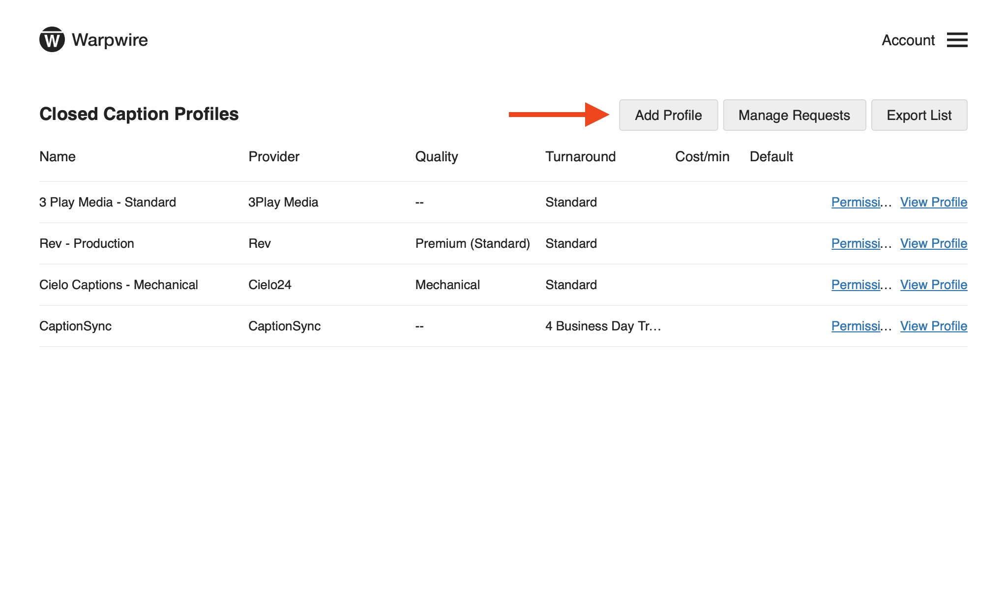 'Add Profile' to Warpwire, red arrow pointing to link in upper-right of Admin Tool