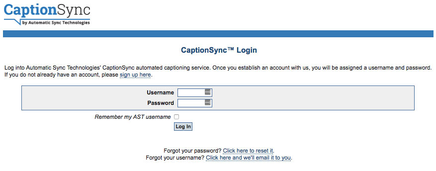 CaptionSync login page