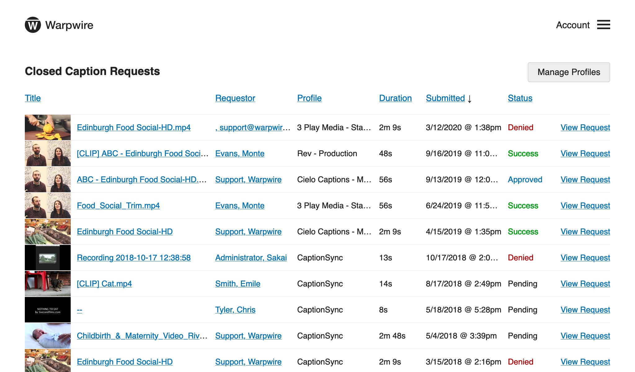 Page within the Warpwire video platform showing all closed caption requests