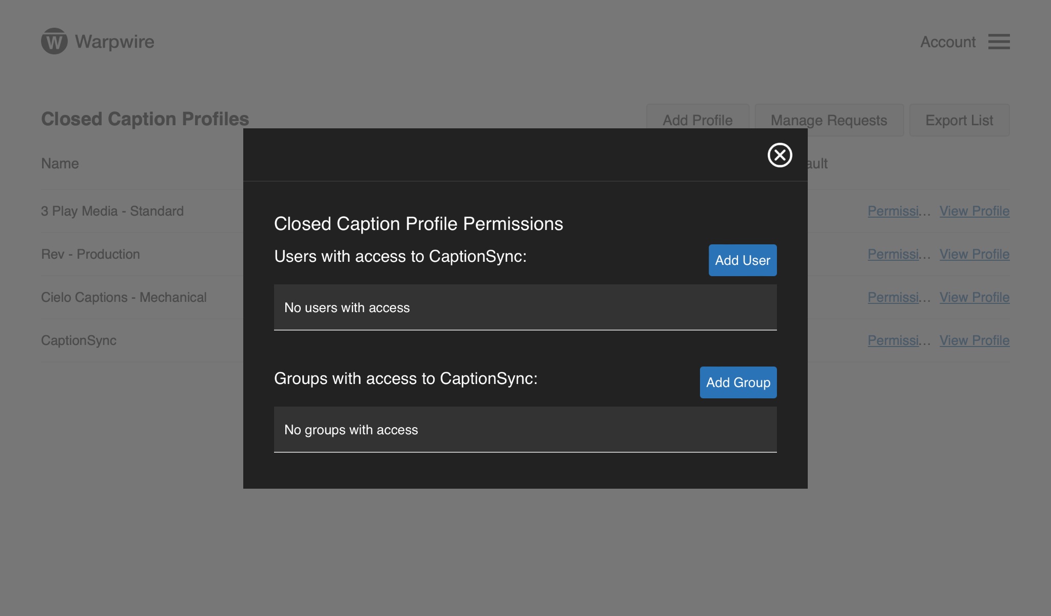 Closed Caption Profiles Permission workflow