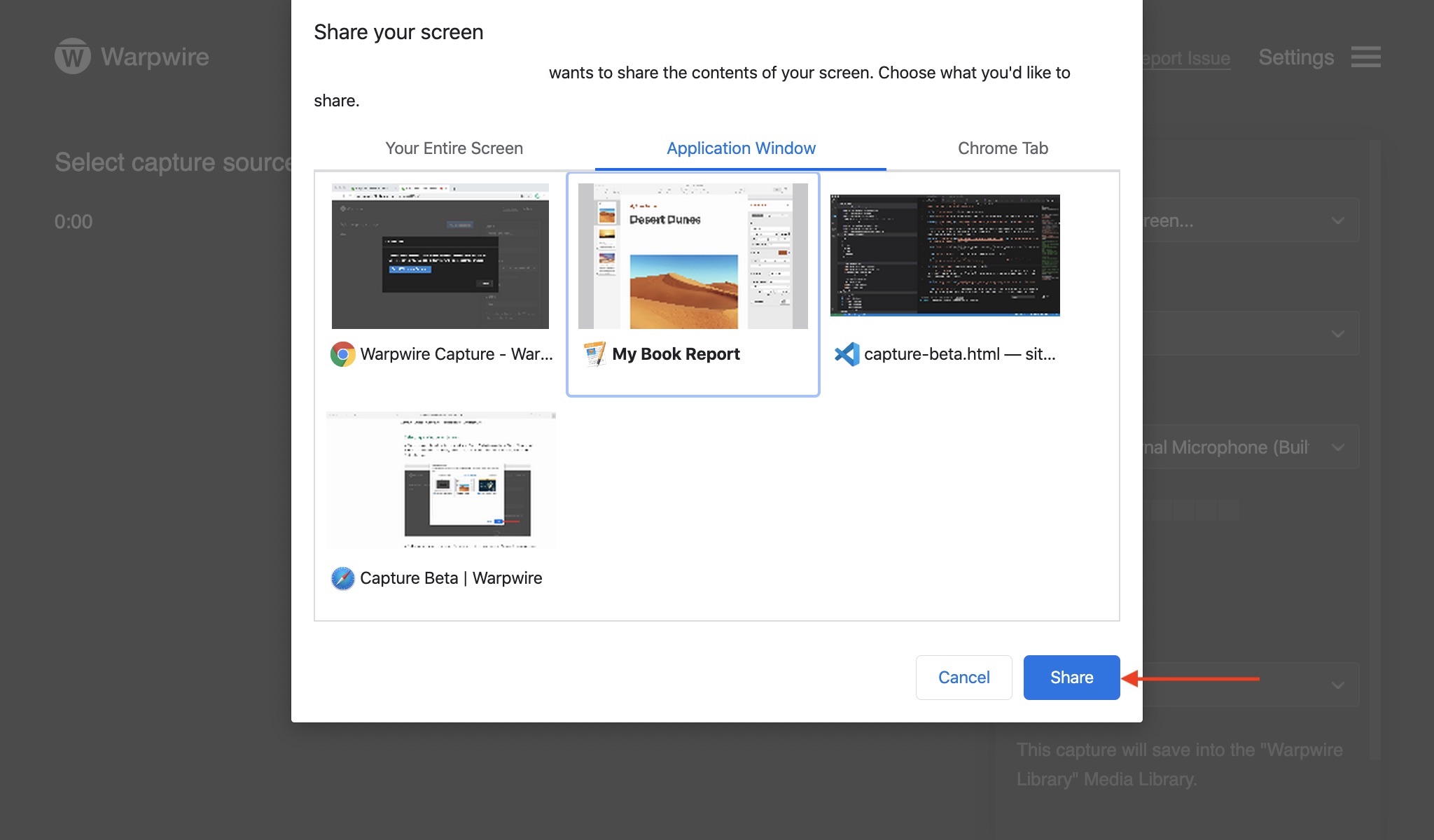When ready, click share to choose your display for Video 1 in Warpwire Multi-Source Capture.
