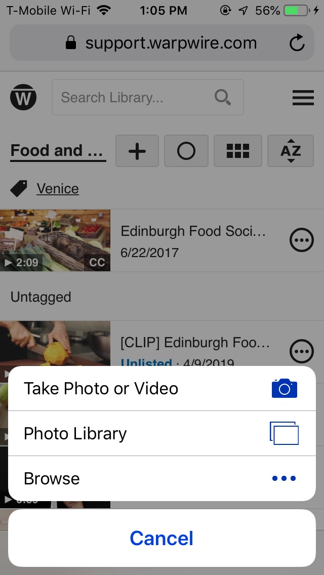 Warpwire video platform open on iPhone to content upload options