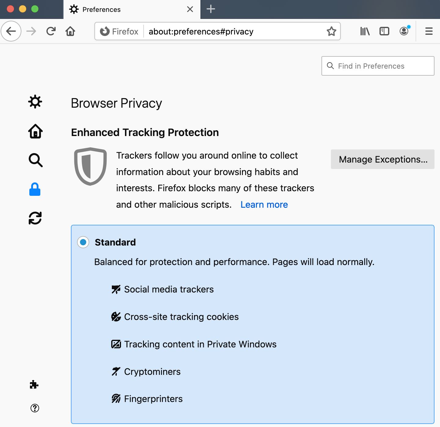 Navigate to Firefox Browser Privacy with the blue lock icon.