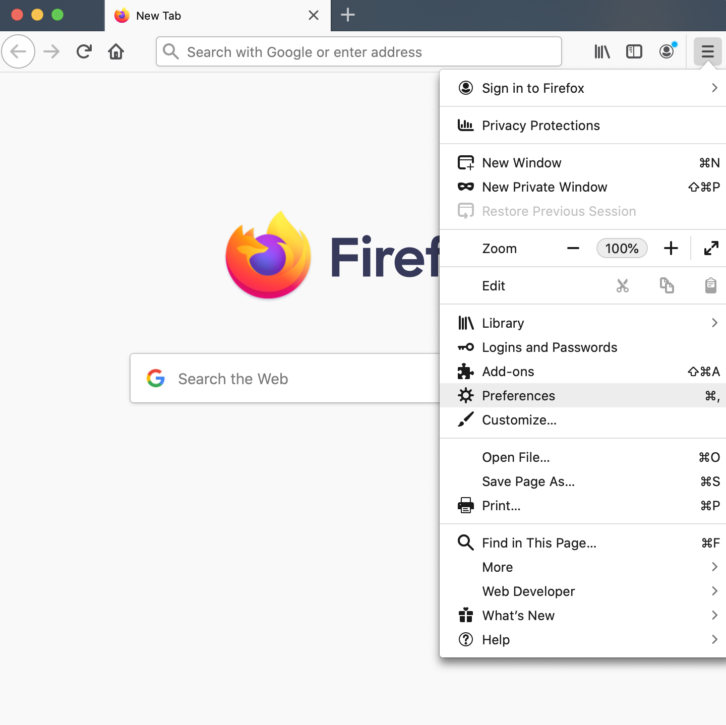 Options dropdown in Mozilla Firefox browser, 'Preferences' selected