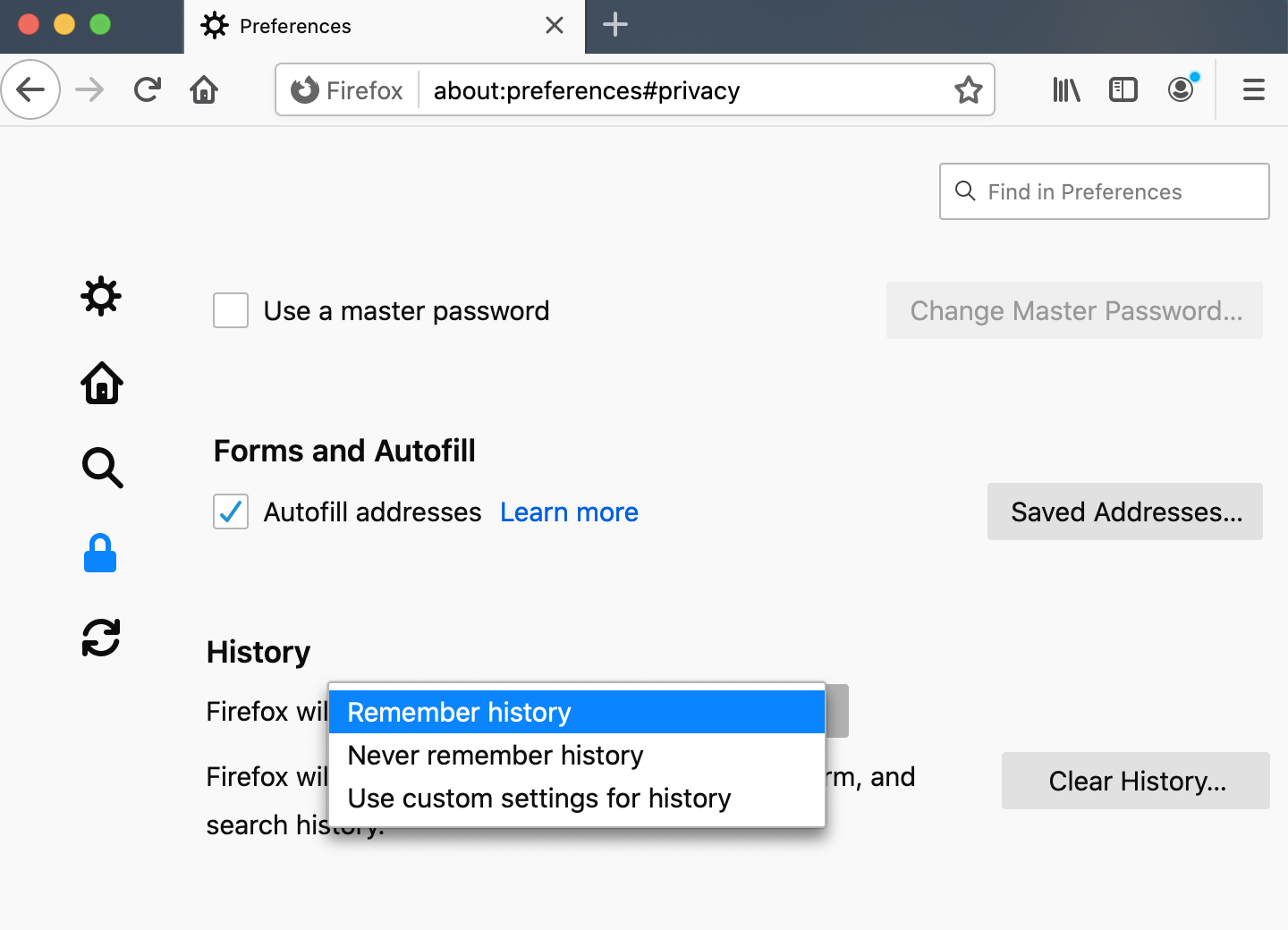 Firefox privacy page, with 'Remember History' selected from dropdown menu.