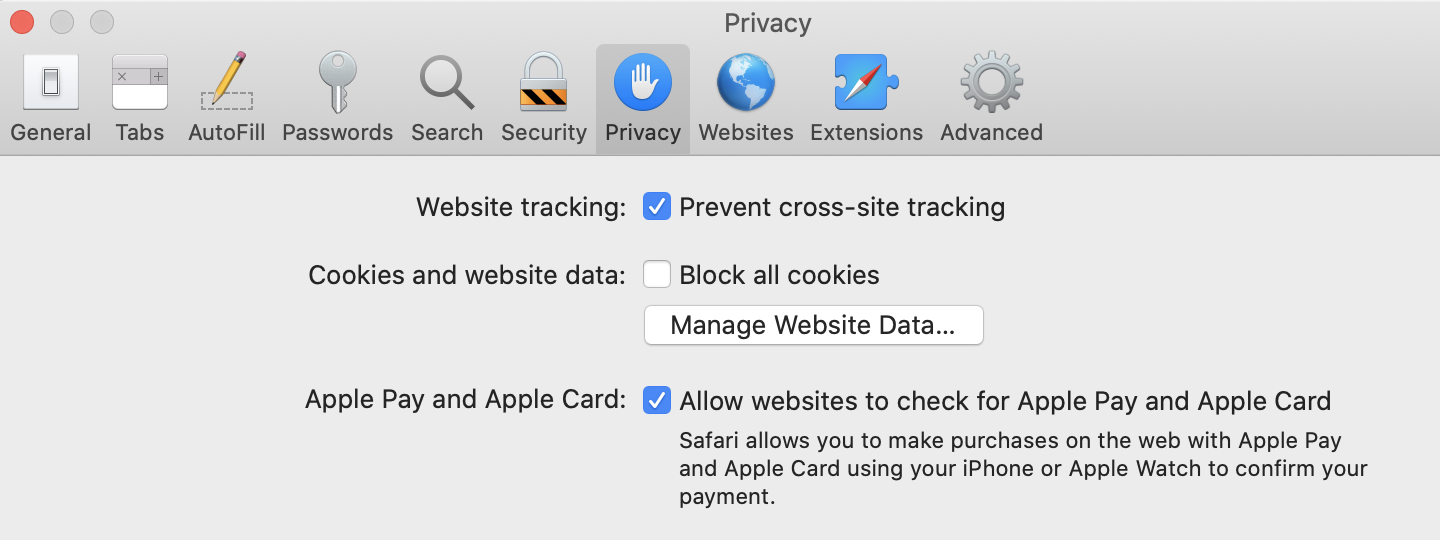 Cookies settings, 'Allow from websites I visit' radio button selected