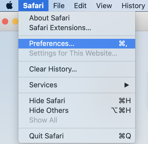 Safari menu, 'Preferences' selected