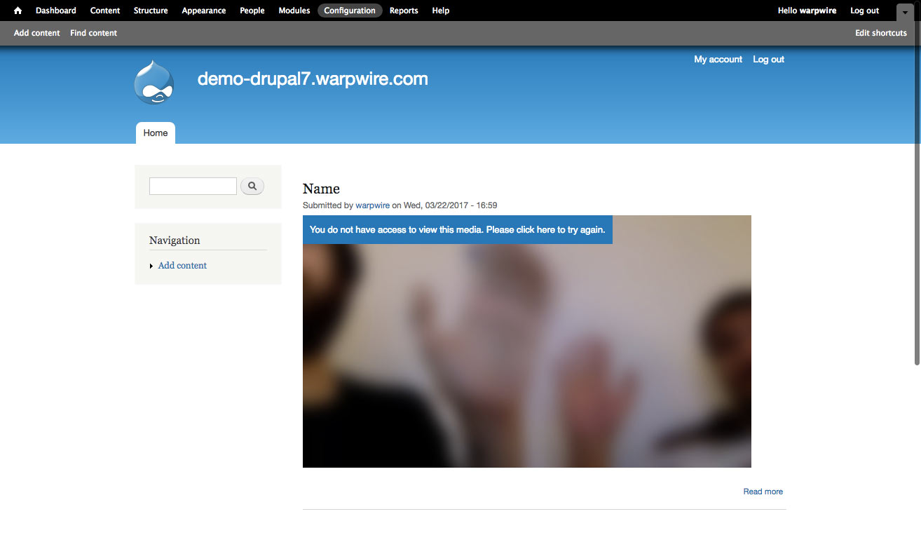 Drupal page with locked Warpwire video, video blurred