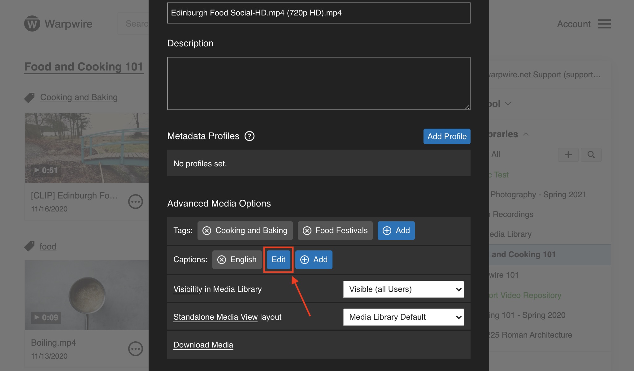 Edit closed captions from Advanced Media Options