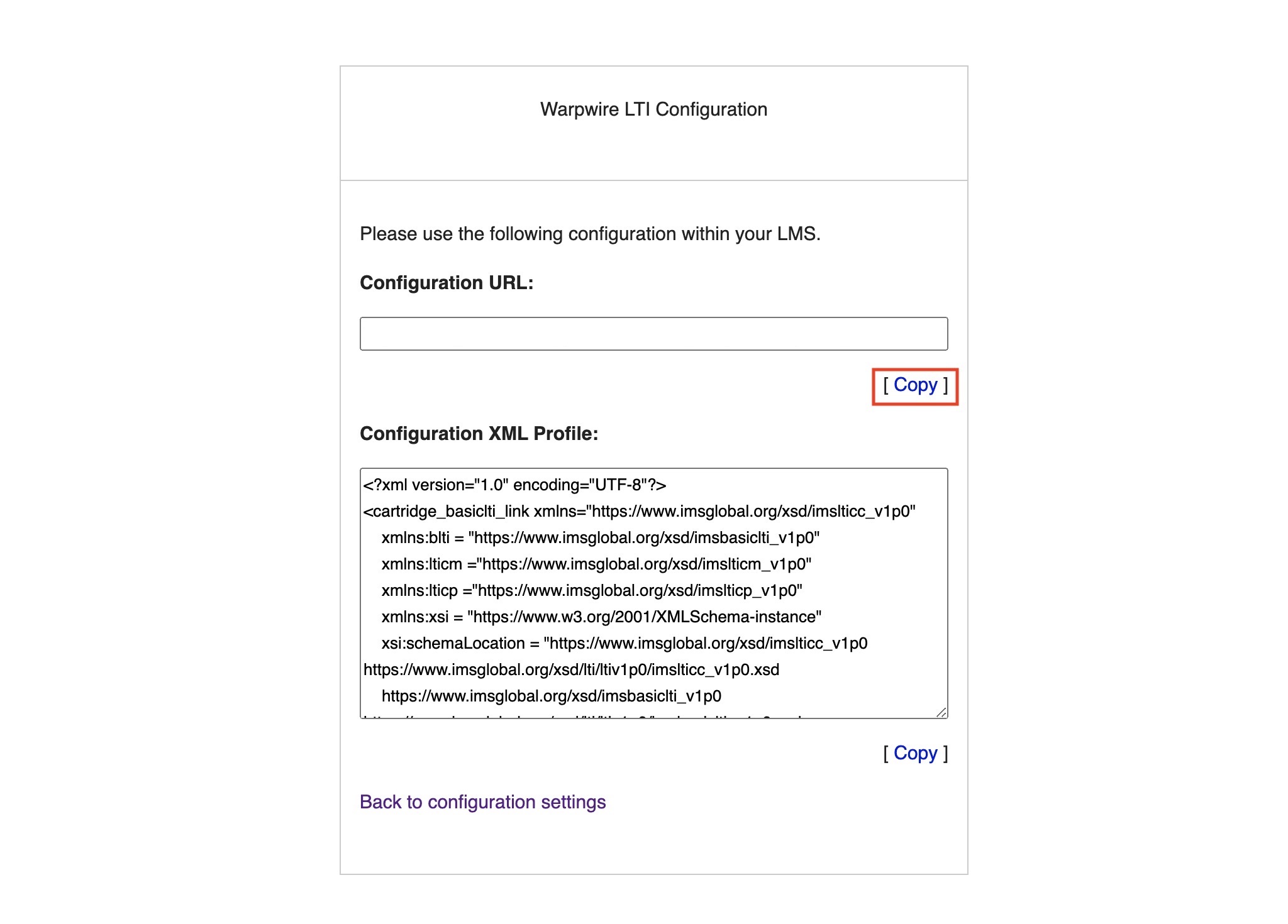 xml page generated via configuration settings page