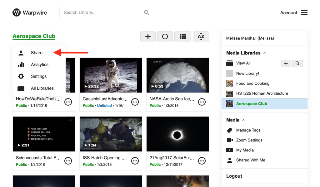 Upper-left dropdown menu within the Warpwire Media Library, 'Share' selected