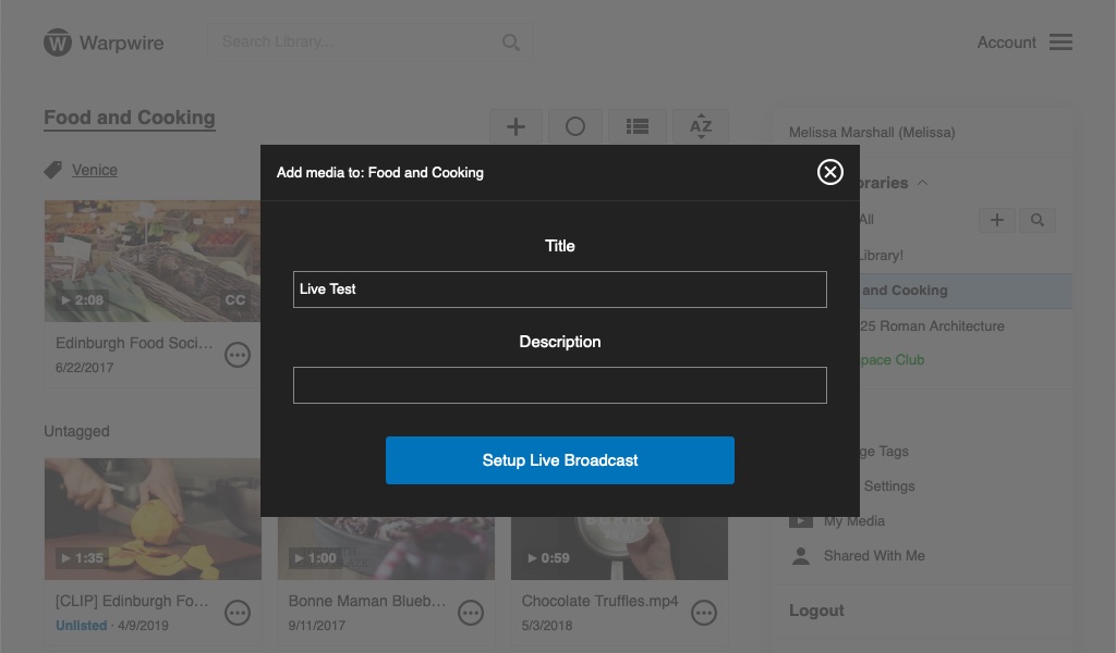 Pane with user inputs for Title and Description of live broadcast